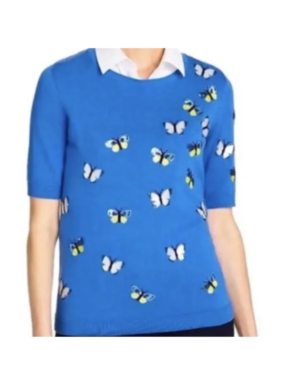 Talbots Blue Sequined Butterfly Short Sleeve Knit Top Cotton Size Medium